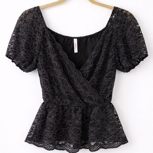 Black Lace Peplum Wrap Blouse Puff Sleeve Romantic Top Size M Y2K